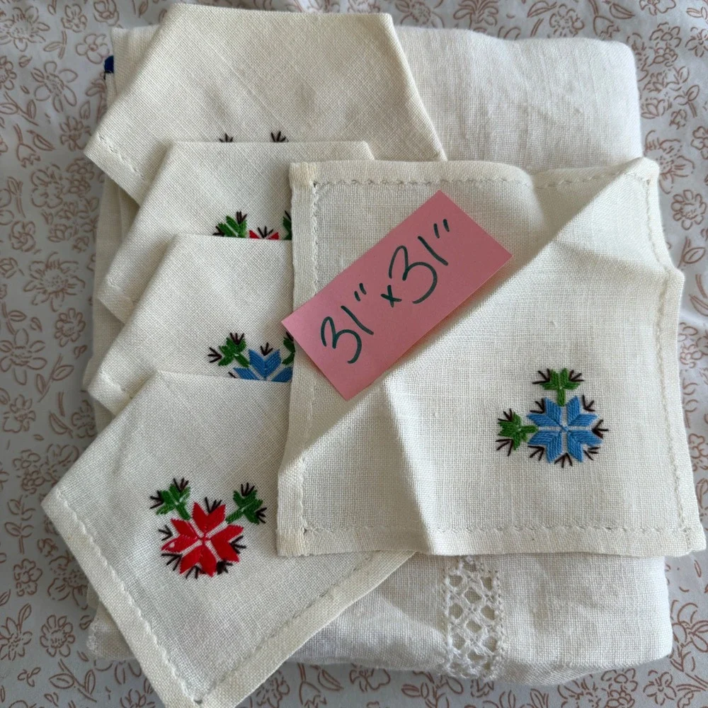 VTG Embroidered Card Tablecloth Set 5 Coasters White Linen Floral Lace 31x31